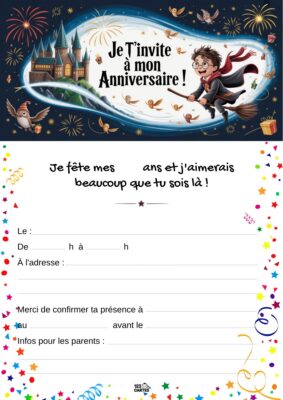 Invitation d'anniversaire sur le thème de Harry Potter, montrant Harry avec sa cape, tenant une baguette magique devant un château.