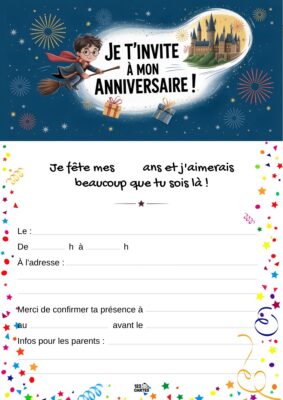 Invitation d'anniversaire représentant un jeune sorcier sur un balai, avec un château magique en fond et des cadeaux autour.