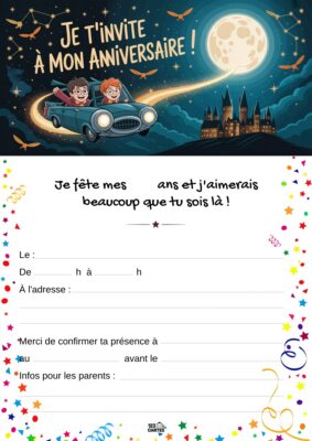 Invitation d'anniversaire sur le thème de Harry Potter avec des personnages volant dans une voiture magique devant un château.