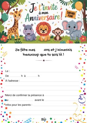 Invitation d'anniversaire sur le thème de la jungle, avec des animaux comme un lion, une girafe, un éléphant et un singe au milieu de feuillages luxuriants.