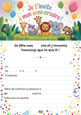 Invitation d'anniversaire avec des animaux de la jungle tels qu'un lion, un éléphant et un panda, entourés de ballons festifs.