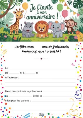 Invitation d'anniversaire avec animaux de la jungle : girafe, éléphant, lion et singe, entourés de feuillage tropical et de ballons.