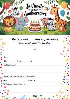 Invitation d'anniversaire illustrée avec des animaux de la jungle, un gâteau d'anniversaire au centre et des ballons colorés en arrière-plan.