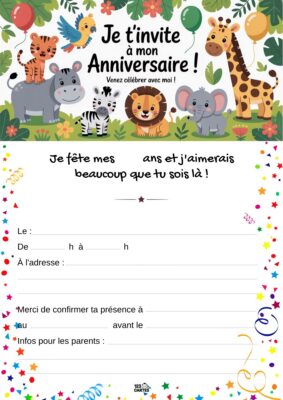 Invitation d'anniversaire sur le thème de la jungle, avec des animaux tels qu'un lion, une girafe et un éléphant entourés de feuillage.