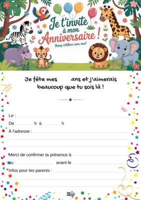 Invitation d'anniversaire sur le thème de la jungle, avec des animaux comme un éléphant, un lion et des tigres entourés de feuillage.