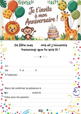 Invitation d'anniversaire avec un fond de jungle, présentant un lion, une girafe et un singe entourés de feuilles et de ballons.