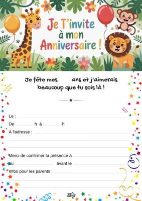 Invitation d'anniversaire sur le thème de la jungle, présentant un lion et une girafe entourés de feuillage luxuriant et de ballons.