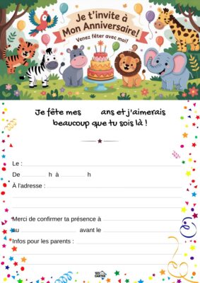 Invitation d'anniversaire illustrée avec des animaux de la jungle, un gâteau coloré et des ballons entourés de feuillage verdoyant.