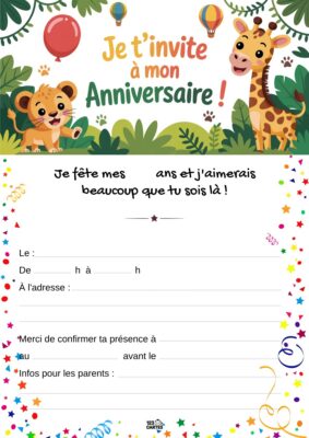 Invitation d'anniversaire sur le thème de la jungle, avec un lionceau et une girafe entourés de feuillage tropical et de ballons.