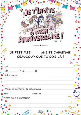Invitation d'anniversaire avec des licornes, entourée de confettis et de décorations festives.