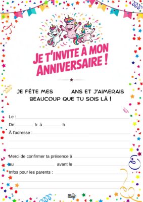 Invitation d'anniversaire avec des licornes joyeuses entourées de confettis et de guirlandes colorées en haut.