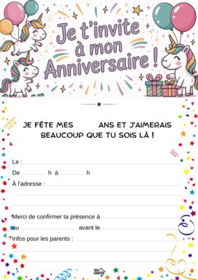 Image d'invitation d'anniversaire illustrée avec des licornes joyeuses, des ballons et des cadeaux encadrés par des étoiles et confettis.