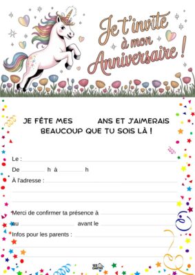 Illustration d'une licorne sautant au-dessus de fleurs, annonçant joyeusement un anniversaire.