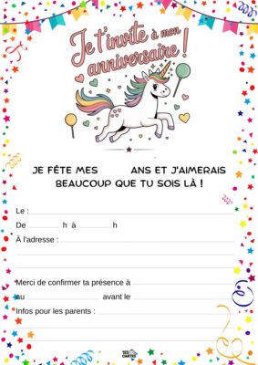 Invitation anniversaire avec un dessin d'une licorne portant une couronne, entourée de ballons et de confettis.