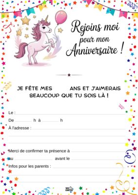 Image d'une licorne avec une couronne et un ballon, entourée d'étoiles et de confettis, annonçant un anniversaire festif.