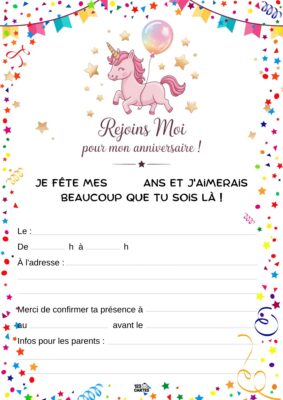 Illustration d'une licorne rose tenant un ballon, entourée d'étoiles et de guirlandes, invitant les amis à une fête d'anniversaire.