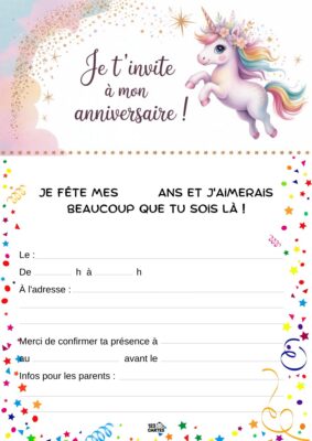 Illustration d'une licorne jouant dans un décor féerique, entourée de paillettes et d'étoiles, annonçant un anniversaire.