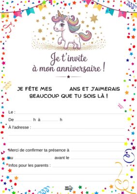 Invitation anniversaire avec une licorne mignonne et des étoiles scintillantes autour, annonçant joyeusement la fête.