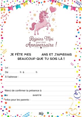 Image d'une licorne rose sur fond pastel, entourée de guirlandes et d'étoiles, annonçant une fête d'anniversaire joyeuse.