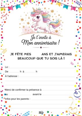 Invitation anniversaire avec une licorne mignonne au centre, entourée de confettis et de guirlandes festives.