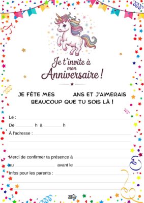 Image d'une licorne souriante avec une crinière en arc-en-ciel, entourée de confettis et de petits drapeaux festifs.