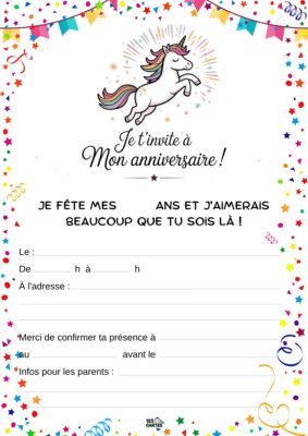 Invitation d'anniversaire avec un dessin de licorne joyeuse, entourée de confettis et de fanions festifs.