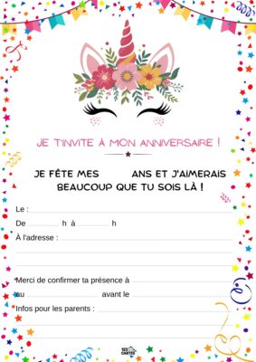 Invitation d'anniversaire avec une tête de licorne ornée de fleurs, oreilles pointues et un corne brillante. Fond festif.