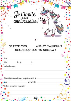 Invitation d'anniversaire avec une licorne joyeuse au centre, entourée de confettis et de guirlandes festives.
