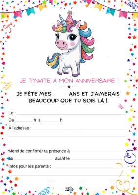 Illustration d'une licorne joyeuse avec une crinière ondulée, portant un chapeau de fête, entourée d'étoiles et de confettis.