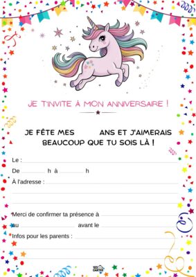 Invitation anniversaire avec un dessin de licorne souriante et des étoiles autour, invitant à célébrer un moment festif.