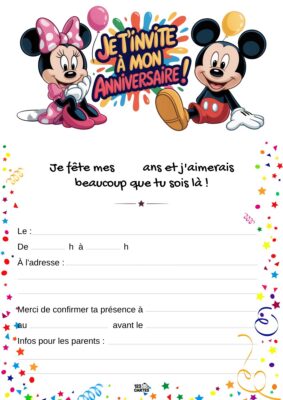 Invitation d'anniversaire avec Mickey et Minnie entourés de confettis et de ballons. Texte central : Je t'invite à mon anniversaire !