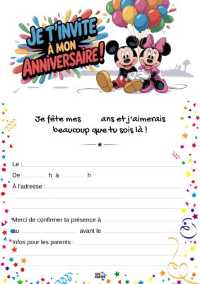 Invitation d'anniversaire avec Mickey et Minnie tenant des ballons, entourée de confettis et de motifs festifs.