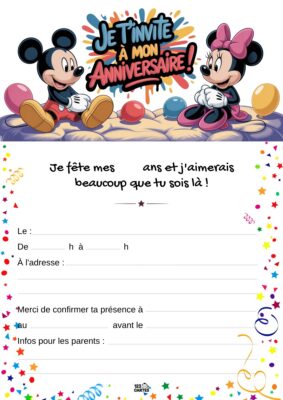 Invitation d'anniversaire avec Mickey et Minnie entourés de ballons sur un fond amusant.