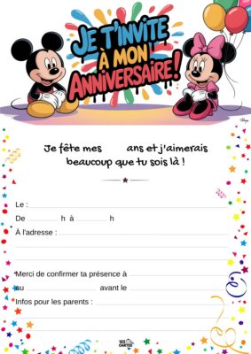 Invitation d'anniversaire avec Mickey et Minnie, entourés de ballons et d’étoiles, invitant à célébrer un moment festif.