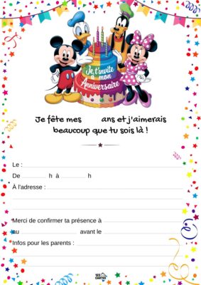 Invitation d'anniversaire avec Mickey et ses amis autour d'un gâteau décoré de bougies, le tout encadré d'étoiles et de petits motifs festifs.