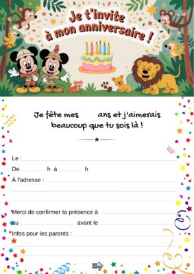 Invitation d'anniversaire avec Mickey et Minnie entourés d'animaux, d'un gâteau et de décorations festives.