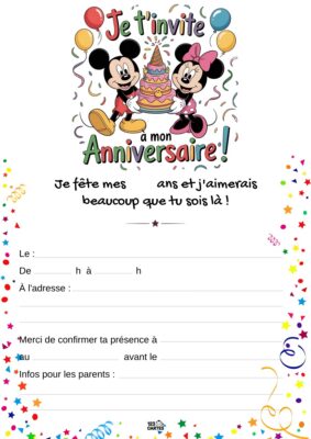 Invitation d'anniversaire avec Mickey et Minnie entourés de ballons et d'une pyramide de gâteaux au centre, accompagnée de confettis.