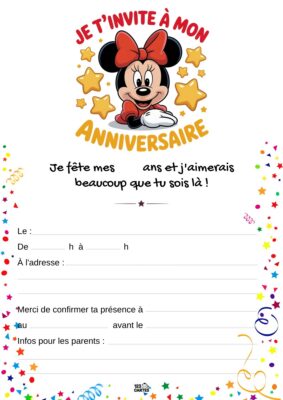 Invitation d'anniversaire avec Minnie Mouse entourée d'étoiles et de confettis, annonçant une fête joyeuse à venir.