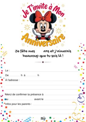 Invitation d'anniversaire avec Minnie Mouse au centre, entourée d'étoiles et de confettis, exprimant joie et célébration.