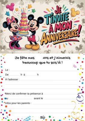 Invitation d'anniversaire avec Mickey et Minnie, entourés d’un gâteau à plusieurs étages et de motifs festifs en arrière-plan.