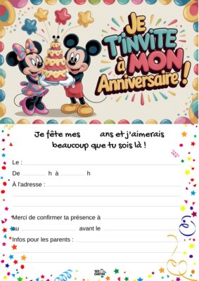 Invitation d'anniversaire avec Mickey et Minnie tenant un gâteau. Des étoiles et des confettis entourent le texte d'invitation.