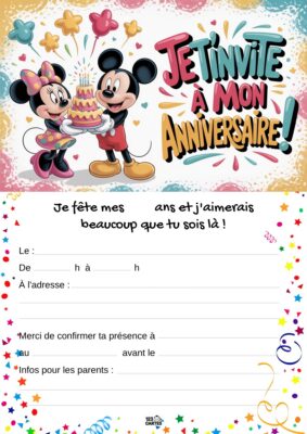 Invitation d'anniversaire avec Mickey et Minnie tenant un gâteau, entourés de petits éléments festifs comme des confettis et des étoiles.