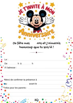 Invitation d'anniversaire avec Mickey Mouse souriant, entouré d'étoiles et de confettis.
