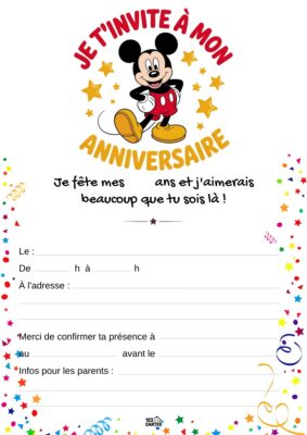Invitation d'anniversaire avec Mickey Mouse au centre, entouré d'étoiles et de confettis sur le bord.