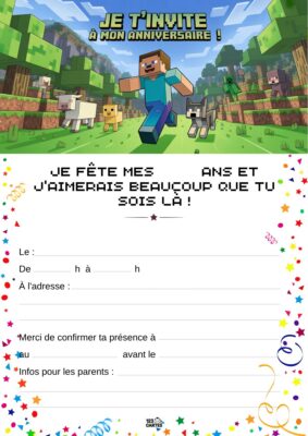 Invitation anniversaire avec un personnage de jeu vidéo dans un paysage en blocs, entouré d'animaux, pour une fête Minecraft.