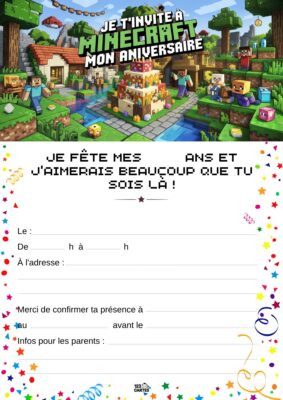 Invitation d'anniversaire Minecraft avec un paysage pixélisé, un gâteau décoré et des blocs emblématiques du jeu.