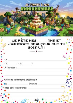 Invitation anniversaire Minecraft avec un paysage de blocs, un gâteau au centre, et des personnages en action autour.