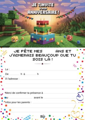 Invitation d'anniversaire Minecraft avec un paysage en blocs, un gâteau sur une plateforme et des objets de jeu éparpillés.