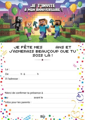 Invitation d'anniversaire Minecraft avec trois personnages qui explorent un paysage pixelisé, accompagnés de ballons et d'étoiles.