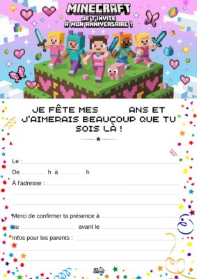 Invitation anniversaire sur le thème Minecraft, avec des personnages en pixel art sur un terrain de jeu cubique.
